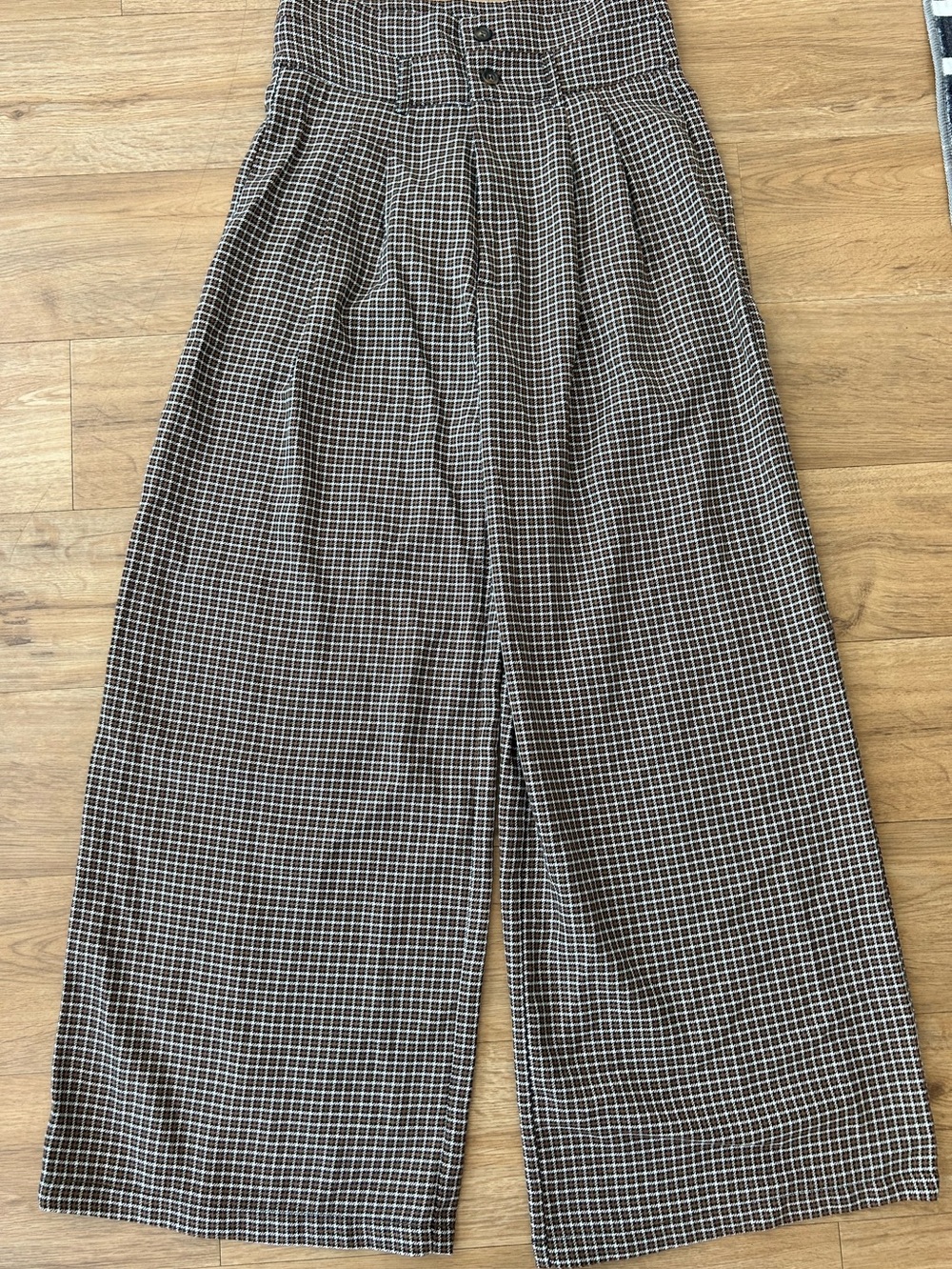 NWT New Cider Wide Leg Pleated Trousers Pants Brown & Cream Houndstooth Plaid M